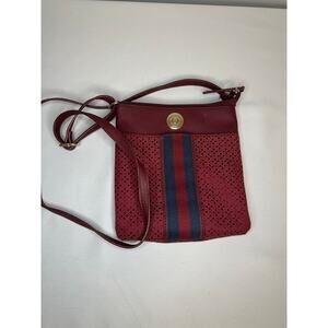 Tommy Hilfiger Small Burgundy Jacquard Monogram Stripe Crossbody Bag
